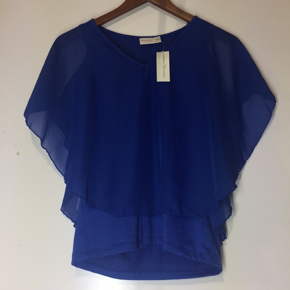 Blue Shoulder Flowy Sheer Cover Cape Blouse Top
